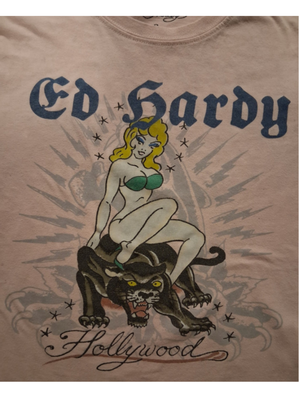 Ed Hardy Women's Small Baby Doll T-shirt Pink Hollywood Pin Up Tattoo Slim Fit - Picture 2 of 8